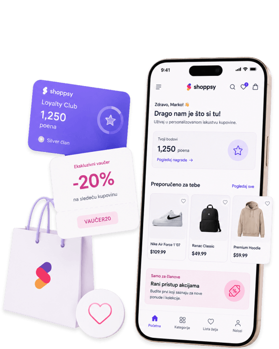Mobilni telefon sa prikazom sakupljenih poena i nagrada u aplikaciji, uz digitalnu karticu kluba i vaučer za popust, koji predstavlja ilustraciju za moderan ecommerce loyalty program.