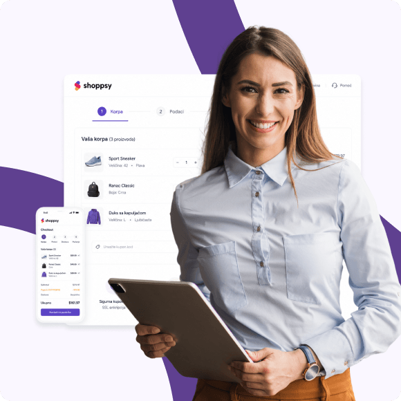 Poslovna žena sa tabletom u rukama stoji ispred prikaza ekrana korpe i mobilnog checkout procesa e-commerce platforme, prikazujući šta omogućava implementacija ERP sistema.