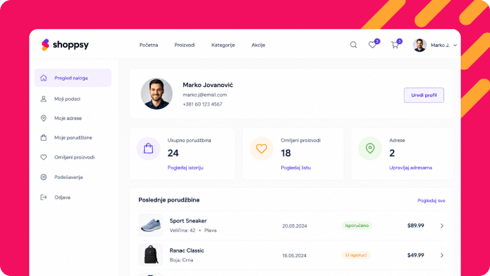 Korisnički profil na desktop platformi sa uvidom u istoriju kupovina, status porudžbina i sakupljene pogodnosti koje nude loyalty programi.