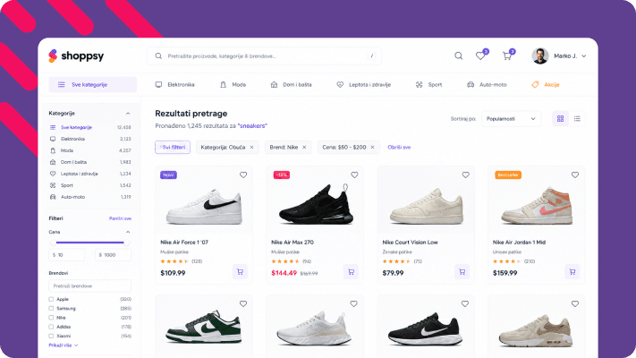 Prikaz kataloga artikala sa naprednim filterima i pretragom po kategorijama i brendovima, koji omogućava multichannel upravljanje zalihama na webshopu.