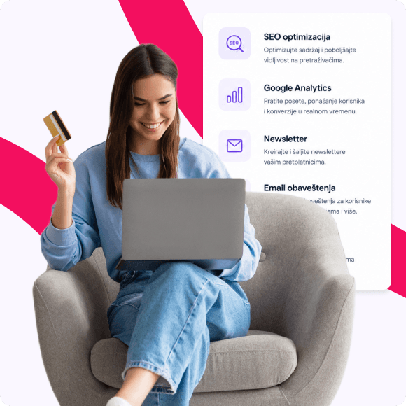 Devojka u fotelji kupuje putem laptopa držeći platnu karticu, dok je u pozadini prikazana lista SEO optimizacija usluga i alata za pretraživače.