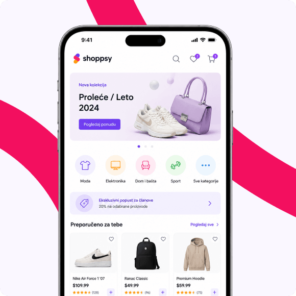 Prikaz početnog ekrana e-commerce mobilne aplikacije sa banerom za ekskluzivni popust članovima koje omogućava program lojalnosti.
